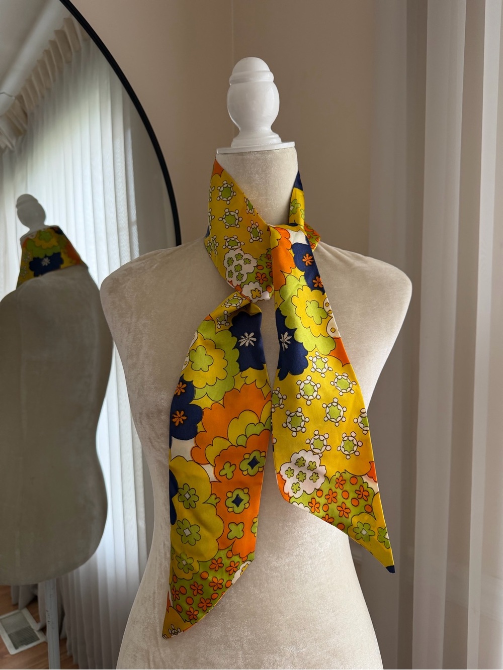 Vintage Yellow Retro Floral Silk Scarf Tie